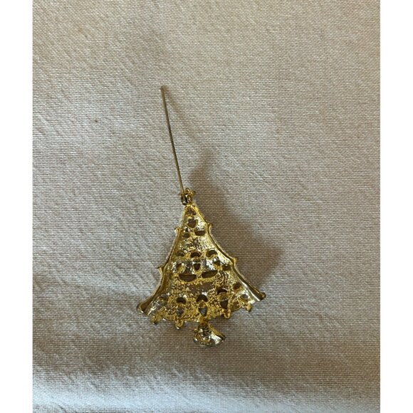Vintage Christmas Tree Brooch Pin Rhinestones Glitter Gold-Tone White Enamel - Picture 3 of 4